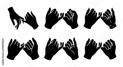 Pinky swear silhouette icons, 6 hand promise vector set, friendship and trust symbols