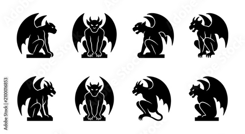 Schilderij op canvas Gothic gargoyle silhouettes, 8 mythological stone statues, black demon vector ic