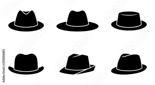 Bild auf Leinwand Vintage fedora hat icons set, black gentleman headwear vectors, 6 classic hat si