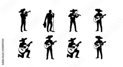 Mariachi band silhouettes, 8 Mexican musician icons, traditional folk music vector set