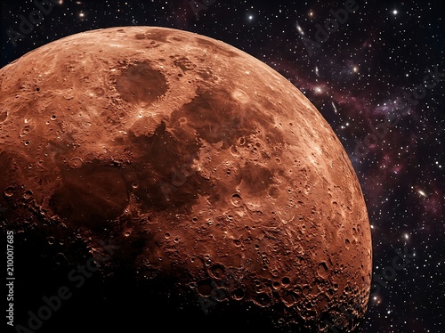 A view of the lunar surface glowing red within deep outer space surrounded by bright distant stars as the satellite orbits through the darkness of the night sky showing craters and rocky terrain
