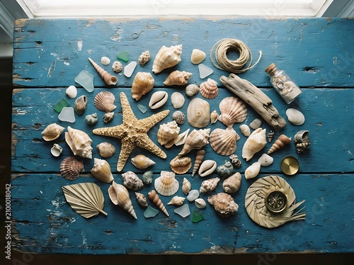 Natural treasures including starfish and diverse seashells arranged on a weathered blue wooden surface for a maritime inspired decorative display conveying the calming essence of coastal summer