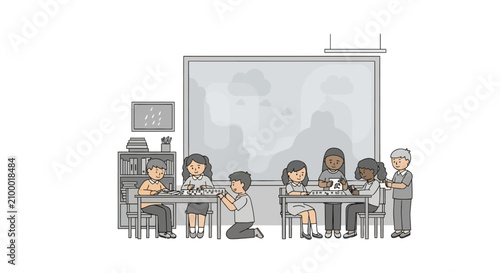 Diverse group of elementary students working in a classroom