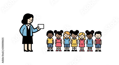 Teacher holding card for diverse group of school children