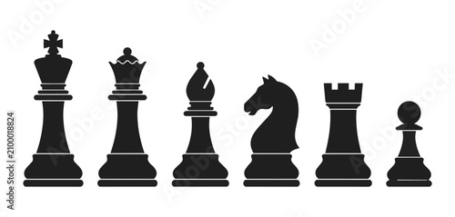 Fotografi Chess set of black pieces including king queen bishop knight rook pawn isolated