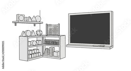 Educational classroom setting with blackboard and geometric tools