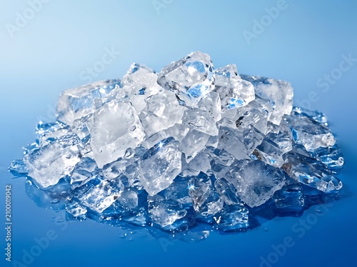 A heap of frozen clear water cubes rests upon a smooth surface reflecting light while the cold temperature creates a refreshing vibe for summer drinks and beverage advertisements to chill liquids