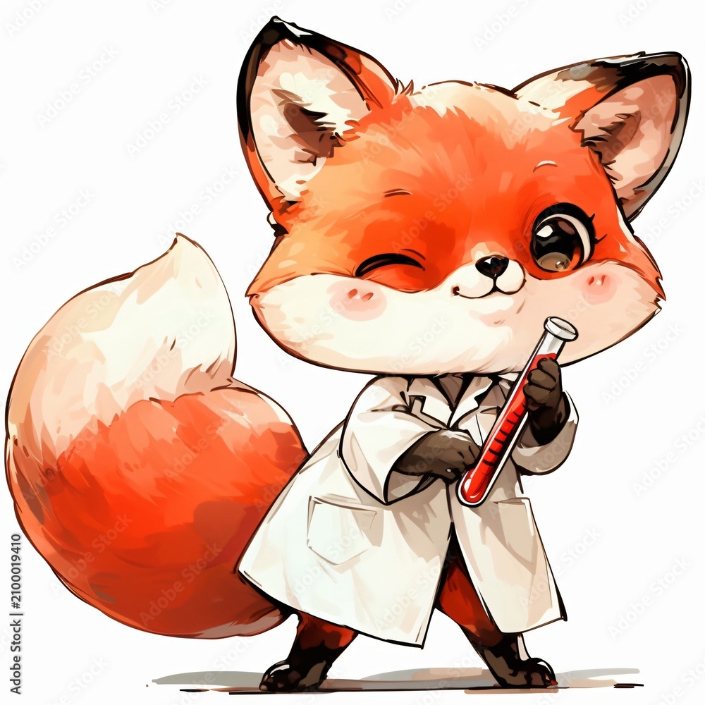 Fototapeta premium Cute fox doctor wearing a white medical lab coat and holding a test tube with red fluid. Funny animal character as a chemist or scientist, isolated illustration for print and sticker.