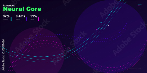 Fotografie Abstract technology background with advanced neural core data metrics, digital wave lines and glowing particles representing artificial intelligence and data processing