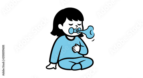 Obraz na płótnie Little girl in blue pajamas sitting and exhaling air