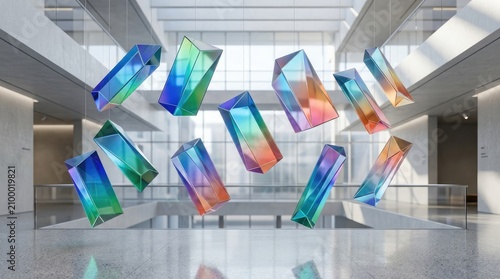 Modern art installation with colorful geometric sculptures in a minimalist architectural space