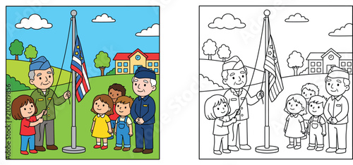 Veterans Day Coloring Book Page and Colored Vector Illustration of School Kids and Soldiers Raising the Flag Outside School Building, Educational Activity Sheet