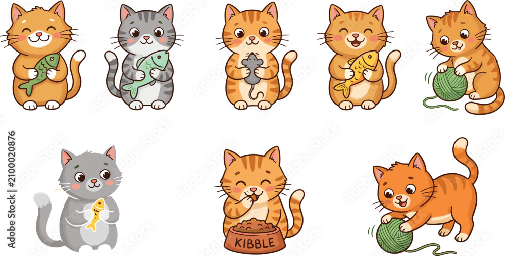 Obraz premium Cute Cartoon Kitten and Cat Sticker Set with Cheerful Tabby Felines Playing with Yarn, Eating Kibble, and Holding Fish Toys for Kids Graphic Designs