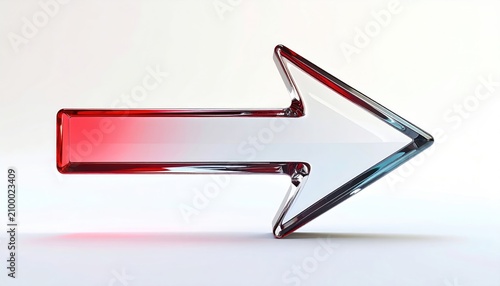 Clear glass arrow with red glow, pointing right, on a white background