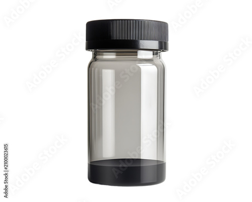 Empty translucent grey plastic medicine bottle with black cap isolated on transparent background