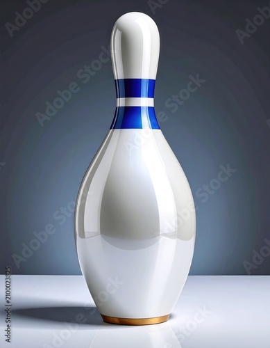 Gleaming white bowling pin with blue stripes on a reflective surface