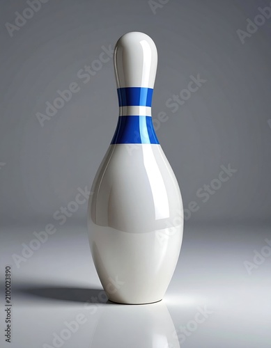 White bowling pin with blue stripes on a white surface, studio lighting