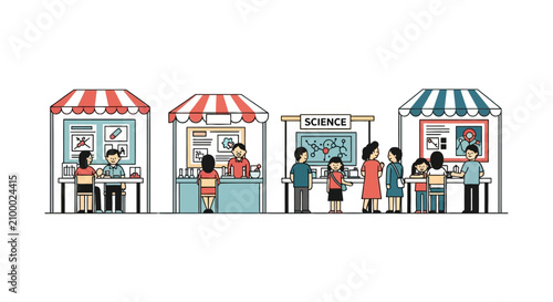 People visiting booths at a science fair exhibition