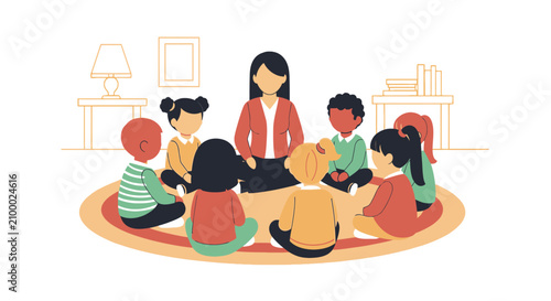 Teacher sitting in a circle with diverse group of young children