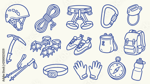 Bild auf Leinwand Collection of climbing and mountaineering equipment illustrations on a light background