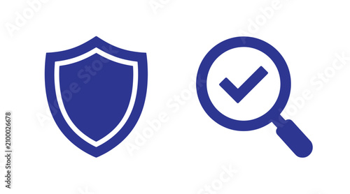 Minimalist graphic icon set featuring a shield for security and a magnifying glass with checkmark for verification check mark security magnifying verified protection