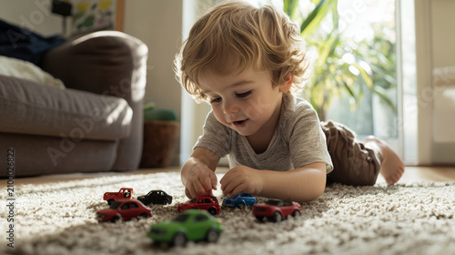Young blonde toddler lying on a carpet playing with miniature toy cars in a bright living room