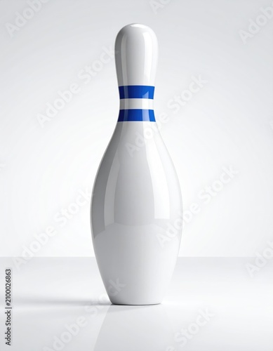 Single white bowling pin with blue stripes on a reflective surface