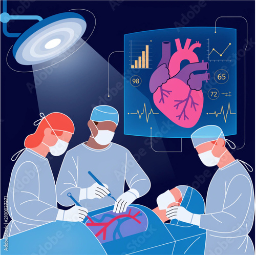 Surgeons perform heart surgery with vital sign monitoring.

