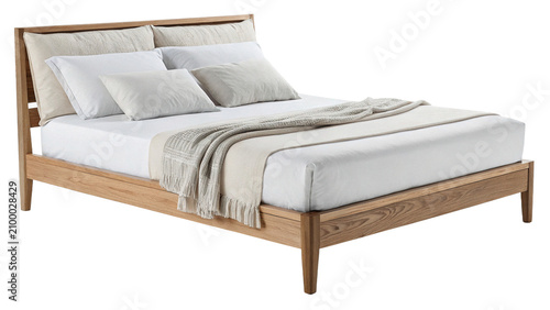 Foto Modern minimalist wooden double bed with comfortable white bedding isolated on t
