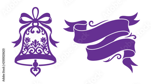 Purple decorative wedding bell silhouette and ornate ribbon banner with silhouette ornament decoration celebration invitation marriage template announcement romantic
