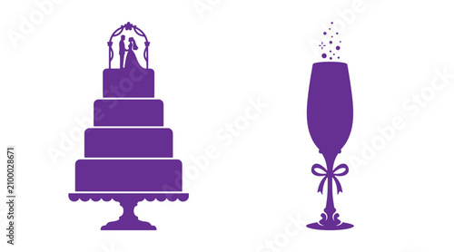 Purple wedding cake with bride and groom silhouette and decorative champagne glass champagne silhouette marriage celebration reception romantic anniversary catering