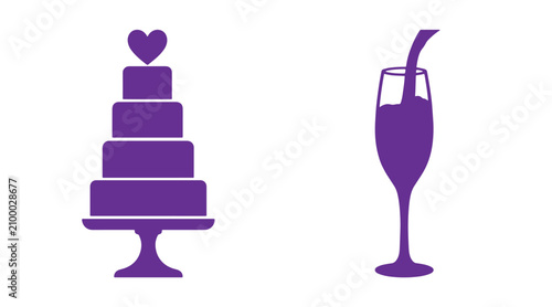 Purple tiered wedding cake and champagne flute silhouette with champagne silhouette celebration anniversary marriage reception catering romantic minimalist isolated
