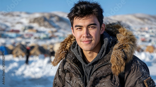 Young adult man in fur-lined parka with snow-dusted hair and jacket, looking at camera with slight smile in snowy arctic landscape