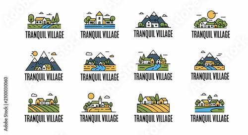 Serene village scenes with rolling hills, mountains, and flowing rivers, rendered in a clean, scalable vector style with a warm, earthy color palette, perfect for peaceful
