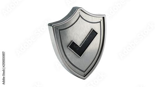 Photography Metallic silver shield icon emblem with black approval tick isolated on transpar