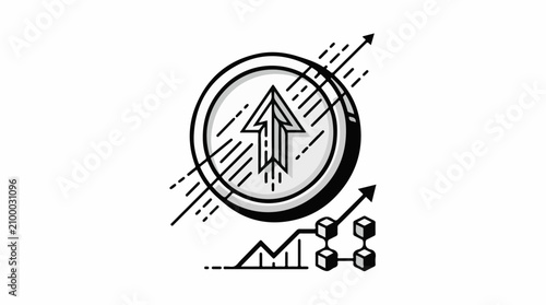 Coin with upward arrow and graph lines suggesting growth and progress