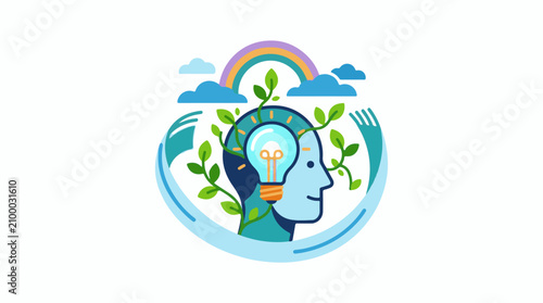 A blue human head with a lightbulb and green vines growing out of it surrounded by a rainbow and clouds