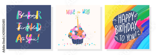 Set of lovely hand drawn birthday cards with fun typography and vibrant colors, universal artistic templates