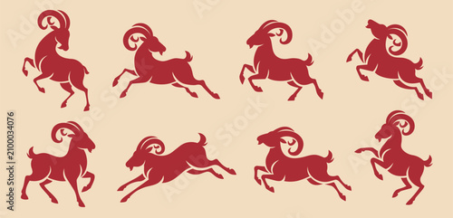 2027 Year of the Goat Collection of Red Chinese Zodiac Goat Silhouettes in Various Dynamic Running and Jumping Poses. Traditional Lunar New Year Vector Set Isolated on Light Background