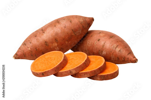 Whole sweet potatoes with sliced pieces isolated on transparent background for healthy nutrition concept