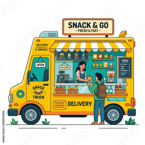 Vibrant yellow snack truck serving fresh food and fast delivery to customer