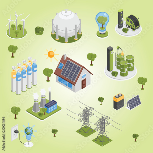 Tableau sur toile Isometric ecosystem electro and clean gas station solar panels for smart energy