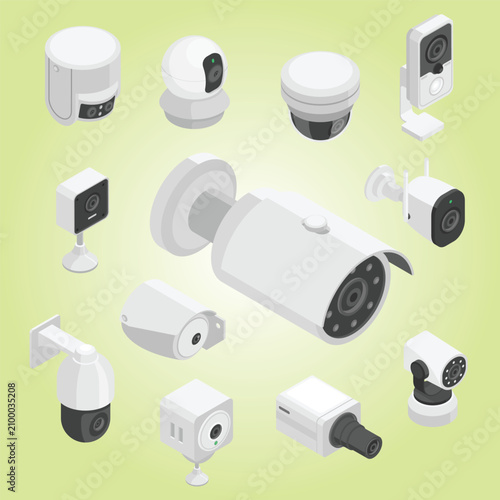 Quadro em tela Isometric security camera face recognition technologies street outdoor surveilla