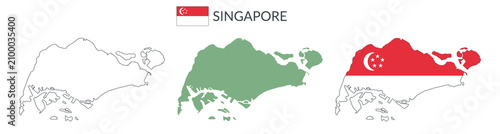 Singapore geographical borders isolated on white background. Flag of Singapore. Vector flat cliparts.
