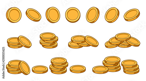 Gold coin stacks and falling coins vector set, cartoon money icons for finance, savings, wealth and investment design