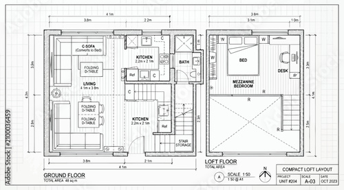 Schilderij op canvas Architectural floor plan of a compact twostory loft unit