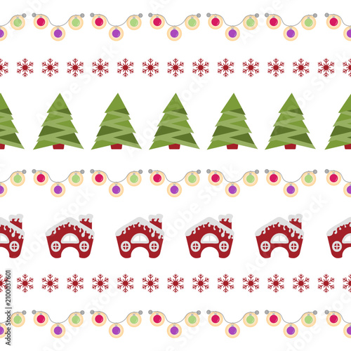 Christmas-themed pattern with trees, snowflakes, gingerbread houses, and festive lights in rows