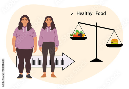 Healthy food choice concept with scales and comparison of two womens physiques
