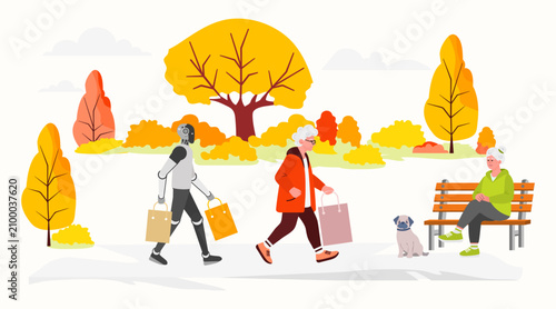 Elderly man and robot walking with shopping bags in colorful autumn park with woman and dog