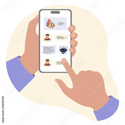 Hands holding smartphone with app displaying online chat interface, potential for background